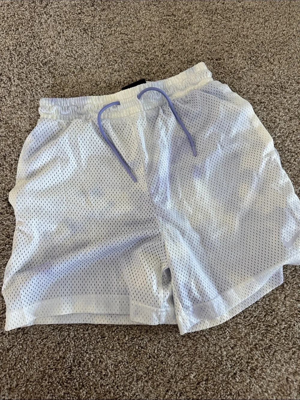 Nike Women's White Mesh Athletic Shorts with Lavender Drawstring